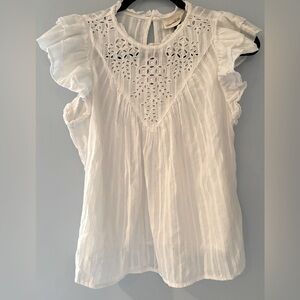 White Eyelet Ruffle Sleeve Cotton Semi Sheer Blouse, Size Small